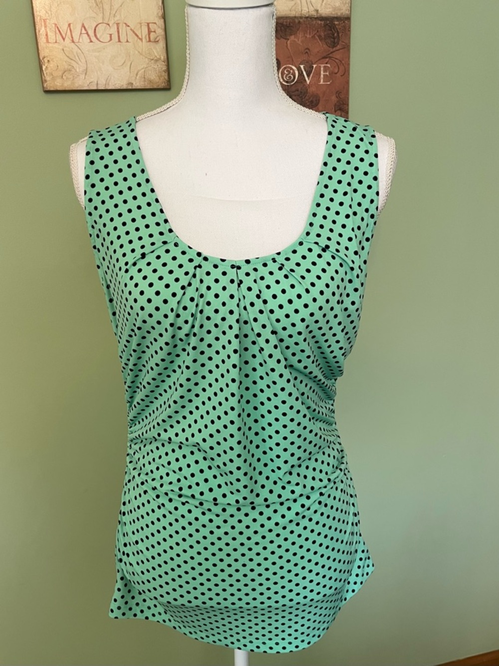 New York & Co. Mint Green with Black Polka Dots Top - Size L